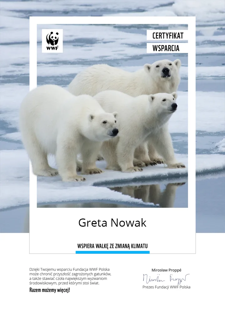 Certyfikat wsparcia działań WWF na rzecz przeciwdziałania zmianie klimatu