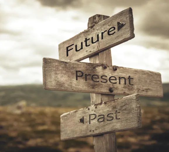 Drogowskaz z kierunkami: future, present, past