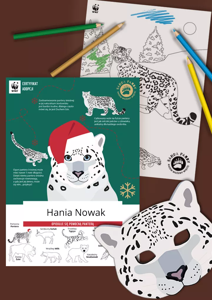Świąteczny certyfikat adopcji pantery, kolorowanka i maska
