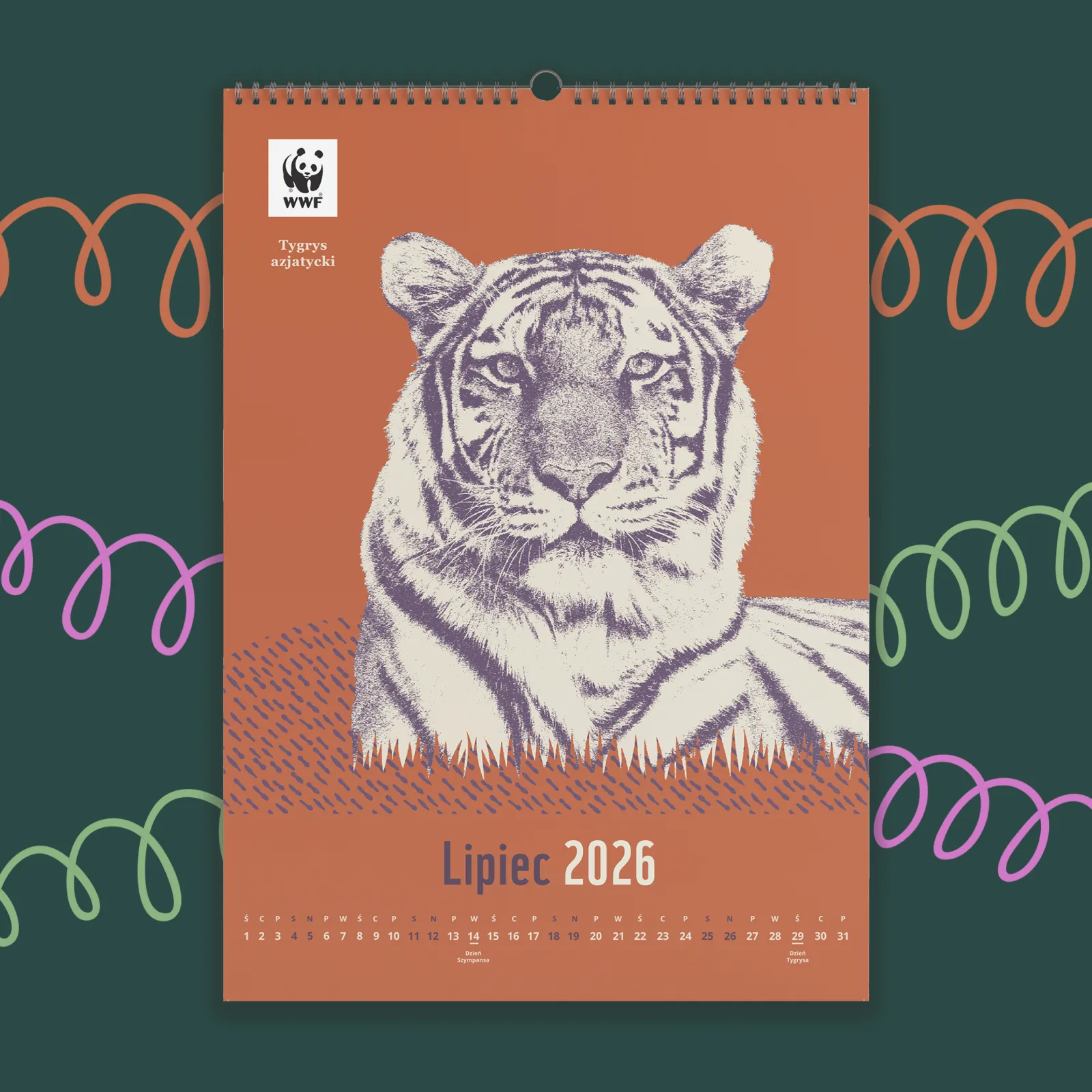 Kalendarz ścienny WWF na rok 2026: lipiec, tygrys