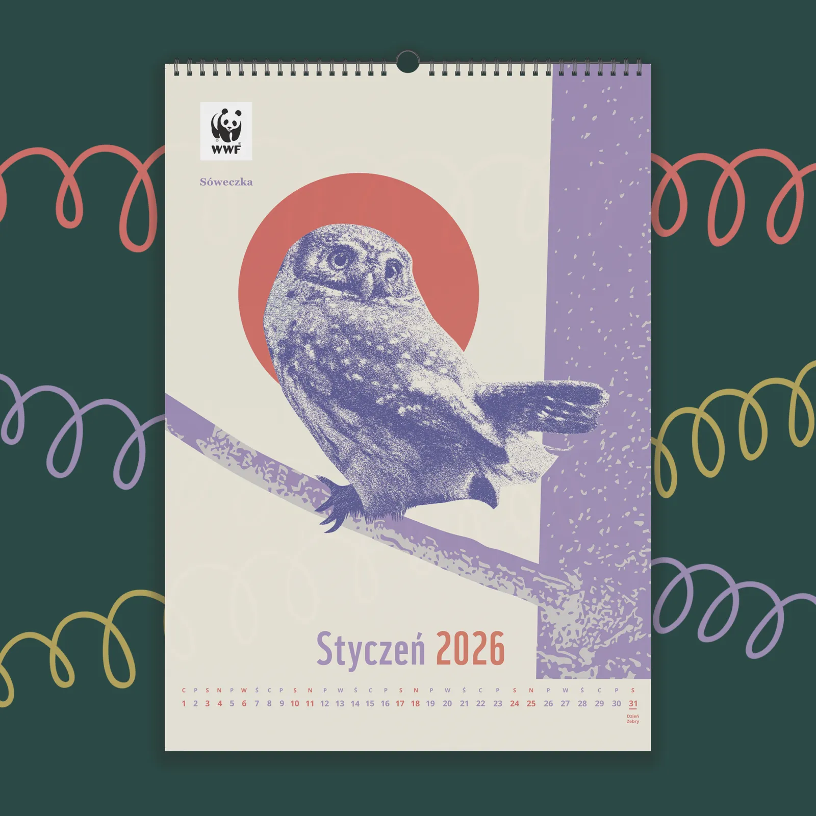 Kalendarz ścienny WWF na rok 2026: styczeń, sóweczka