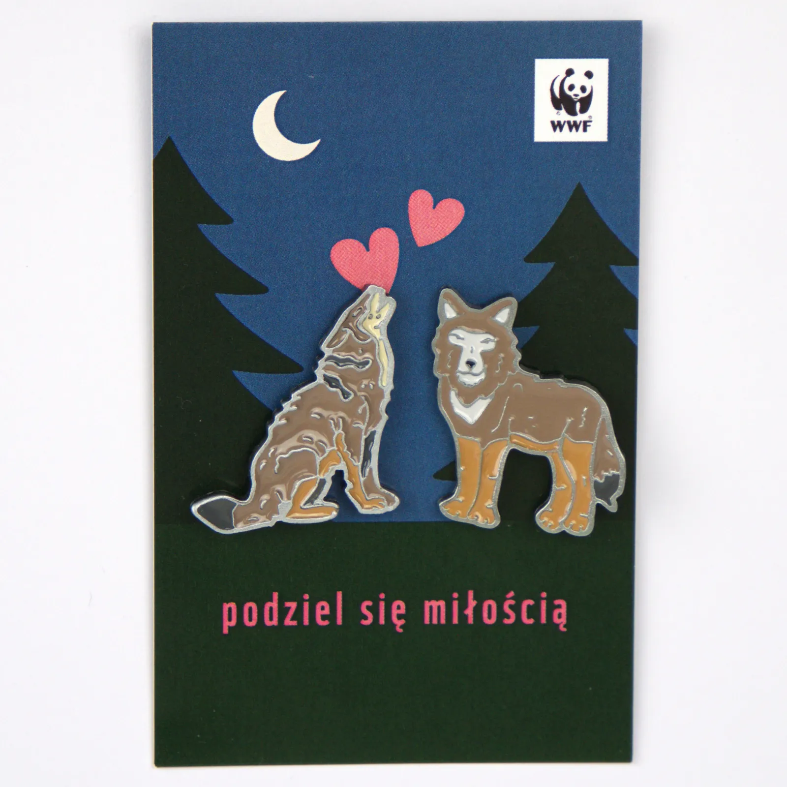 Komplementarne piny walentynkowe WWF - wilki na kartoniku