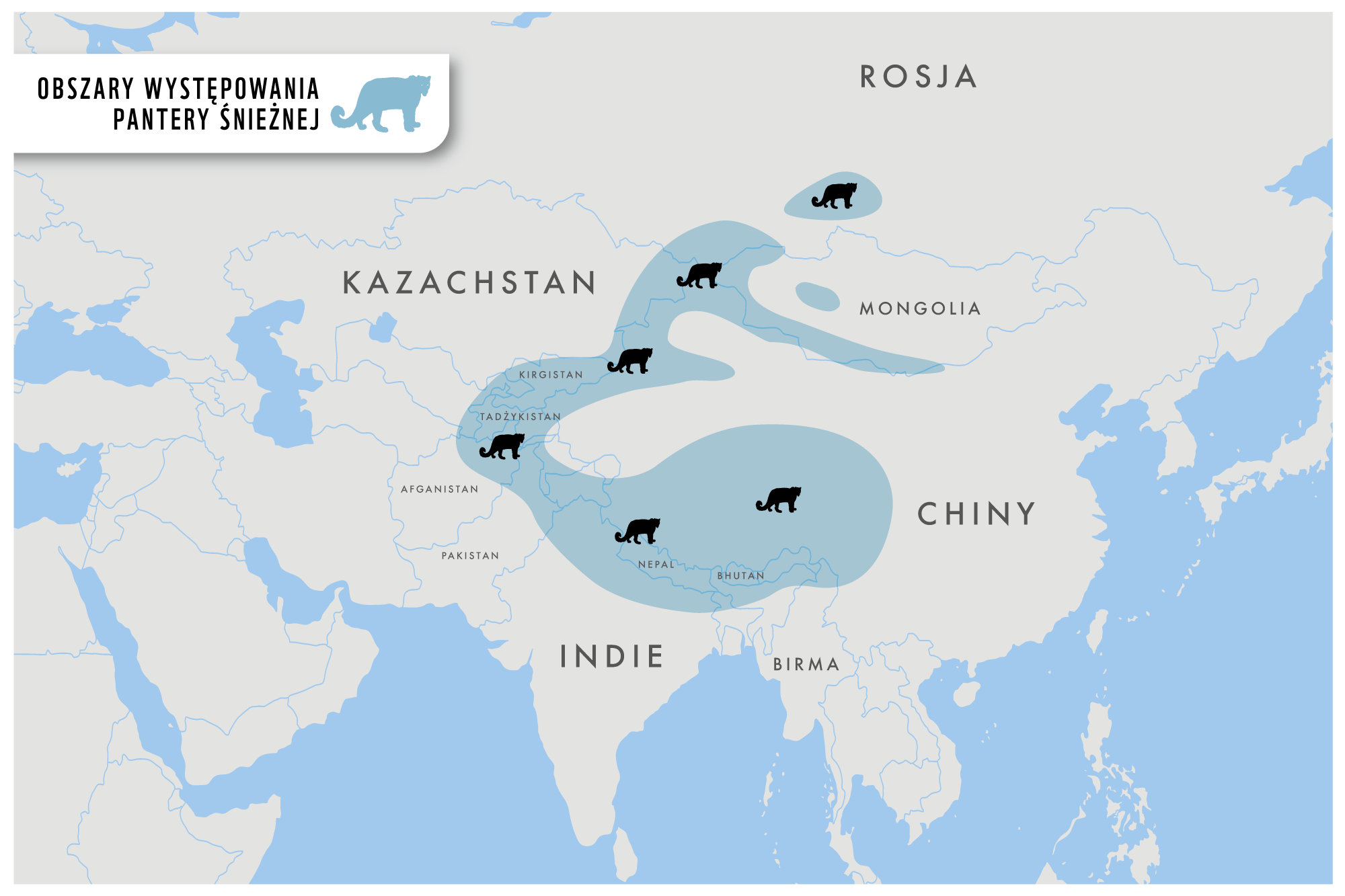 Mapa zasięgu występowania panter śnieżnych