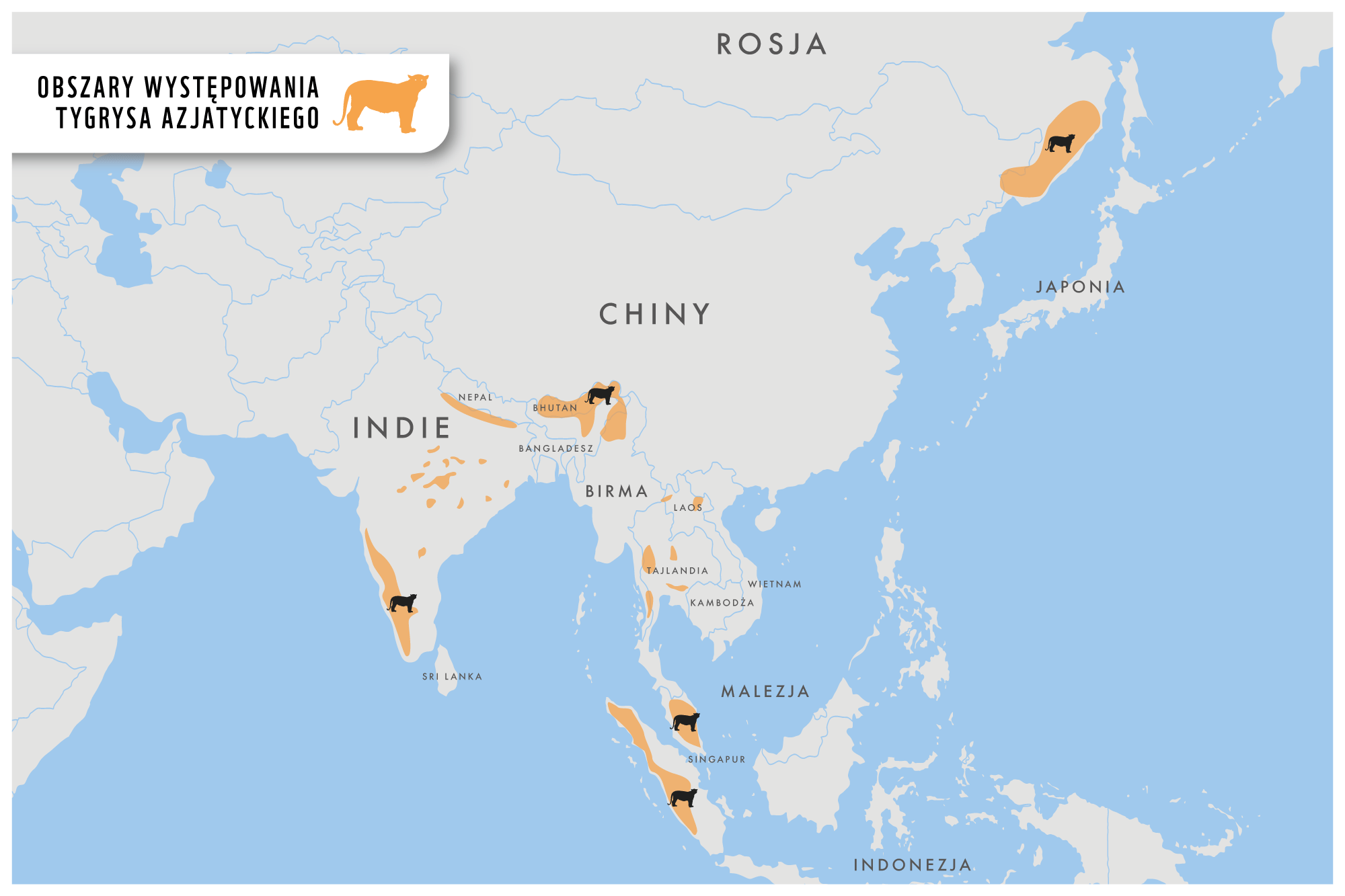 Mapa zasięgu występowania tygrysa azjatyckiego