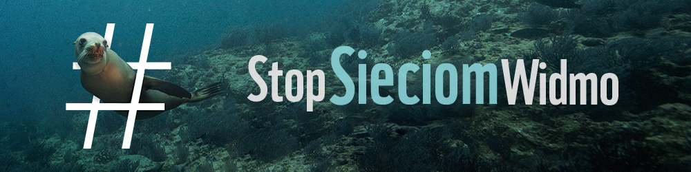 Baner z foką i napisem Stop Sieciom Widmo